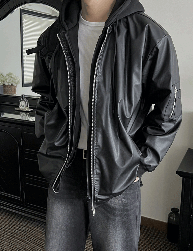 니크 레더 후드 MA-1 항공 블루종 봄버 점퍼 자켓 바람막이 가죽 재킷 아우터 빅사이즈 블랙