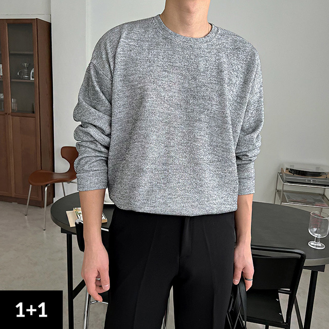 [1+1] 오버핏 골지 니트 맨투맨 링클프리 커플 남자 베이직 긴팔 티셔츠_(10color)