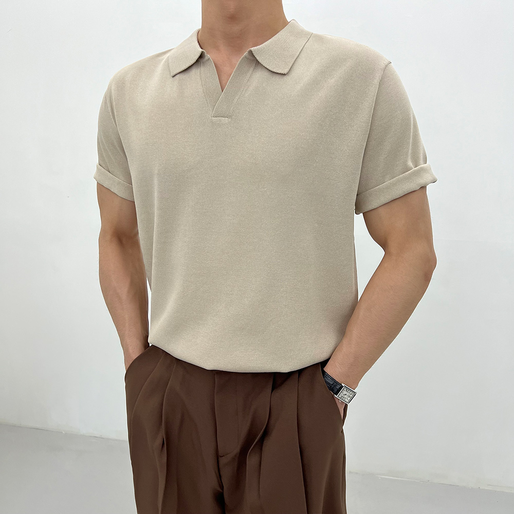 플랜 머슬핏 남자 여름 니트 반팔 오픈 카라 티셔츠_(8color)