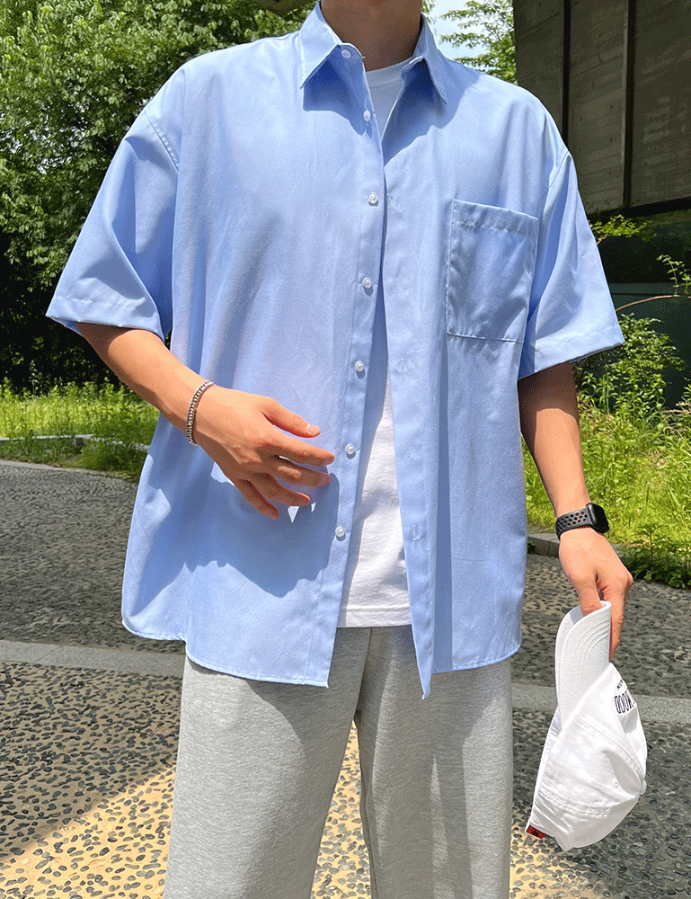 [1+1할인] 논즈 옥스포드 오버핏 포켓 반팔 셔츠 여름 시티보이 남방 소라 화이트_(5color)