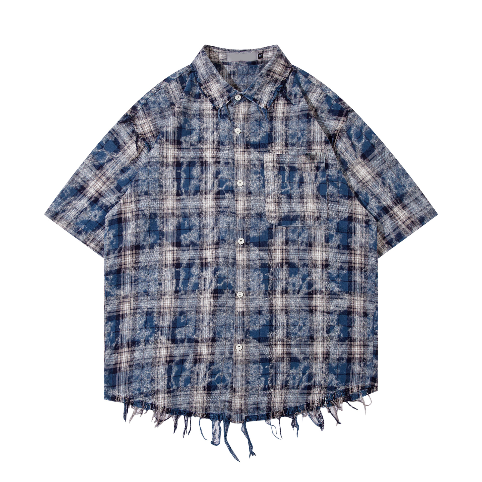 모엔드 빈티지 오버핏 체크 반팔 셔츠 남방 여름 블루 남녀공용
